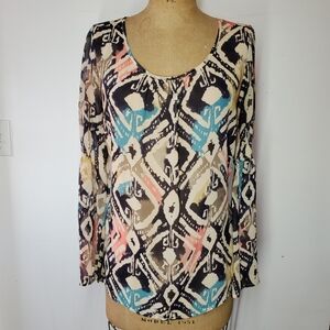 Blu Pepper Size L Blouse Long Bell Sleeve Ikat Pink Blue Black Sheer Chiffon